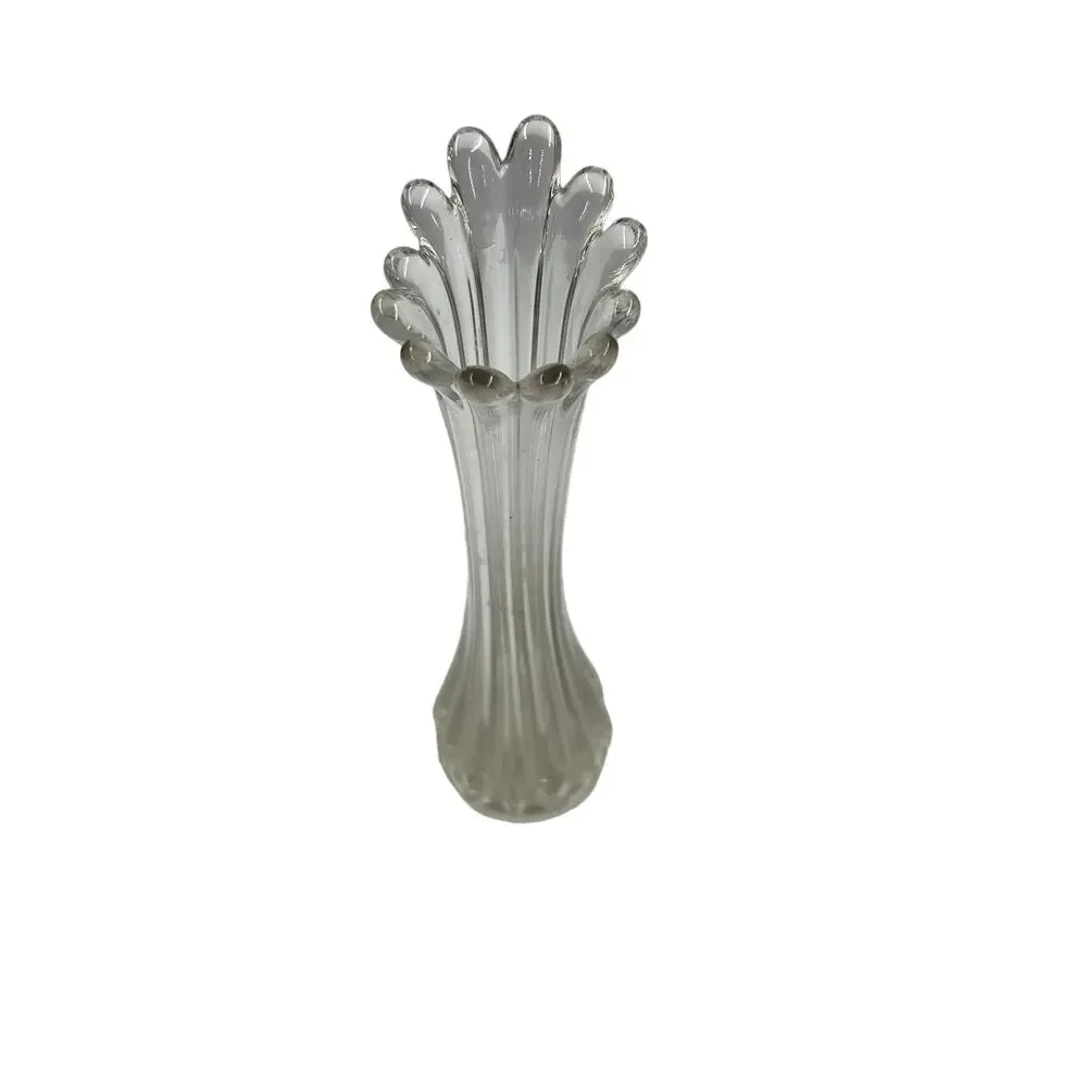 Vintage‎ Clear Glass Swung Stretch Vase Ribbed Ruffled Tear Drop Top MidCentury